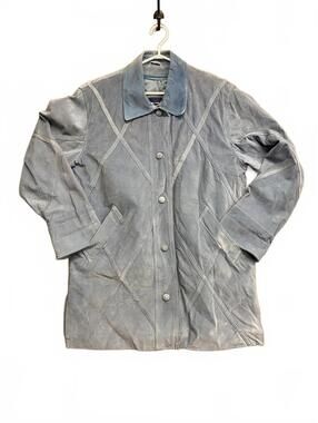 Dennis Basso Women's Blue Suede Jacket with Button Front and Zip In Liner Sz M